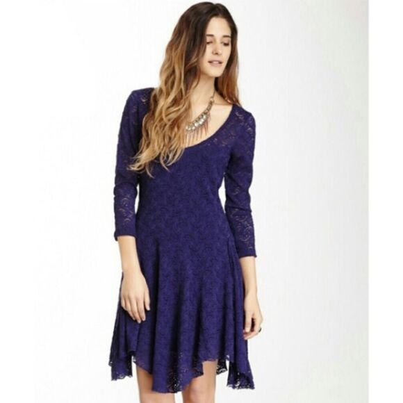Free People Katya Paisley Lace Blue Asym Dress (S) - Picture 3 of 12